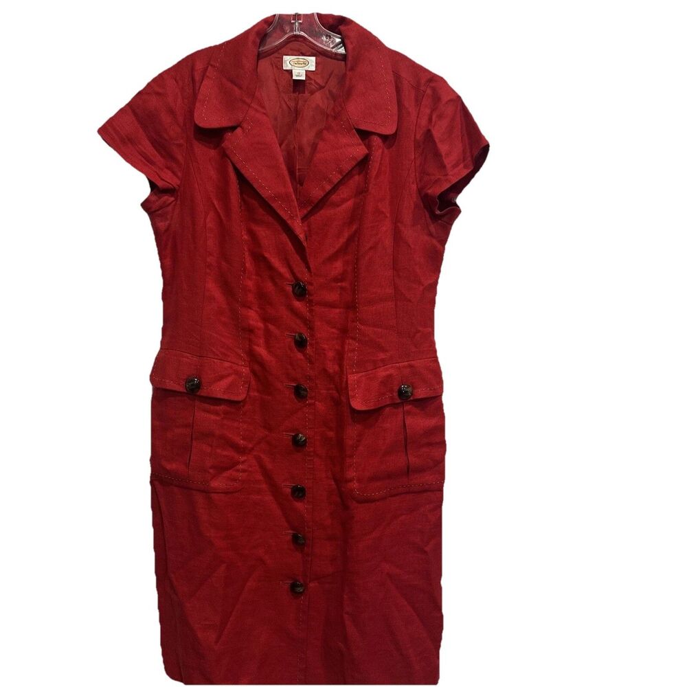 Talbots Size 14 Vintage 90's Front Button Down Sheath Linen Red Dress Career